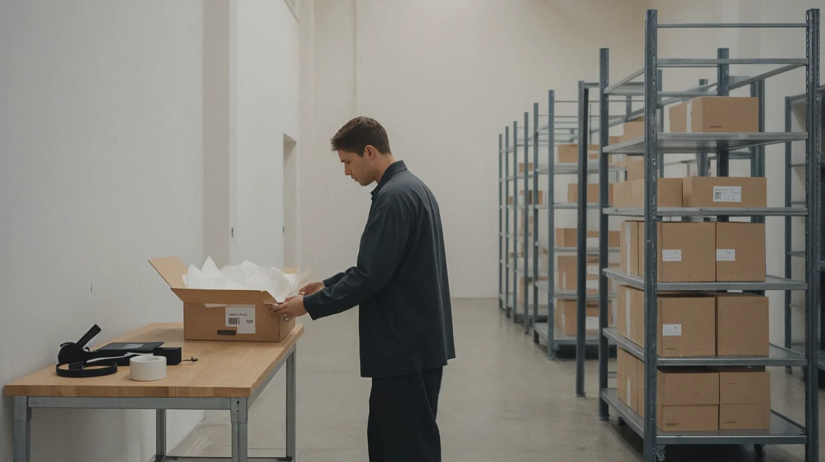 Person in dark clothing packing a cardboard shipping box at a wooden table beside shelves of stacked parcels