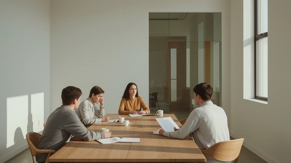 Four people in a sunlit meeting room reviewing documents around a long wooden table