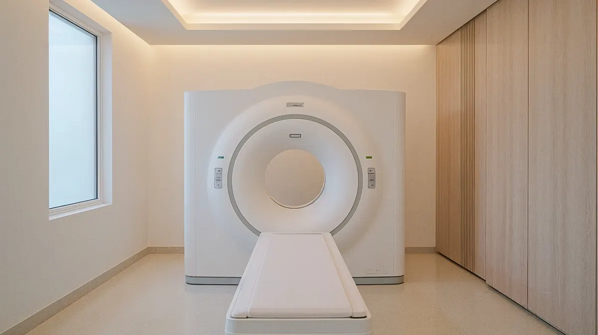 Bright medical imaging room with a white MRI scanner and patient table under soft ceiling lighting