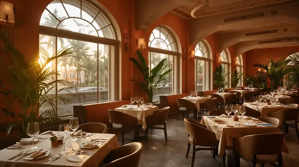 Elegant restaurant dining room with terracotta walls, arched windows, set tables and palm trees visible outside at sunset