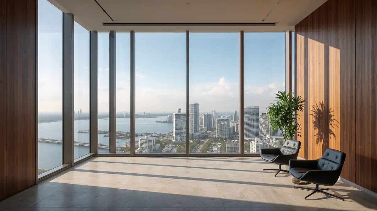 Corner office with floor-to-ceiling windows overlooking the Miami skyline and bay, with two black leather chairs by a wood-paneled wall