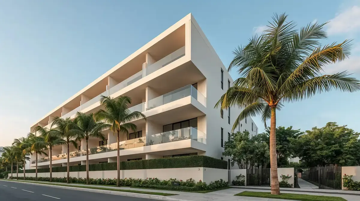 Modern white low-rise residential building with glass balconies, lined with palm trees and hedges under a clear sky