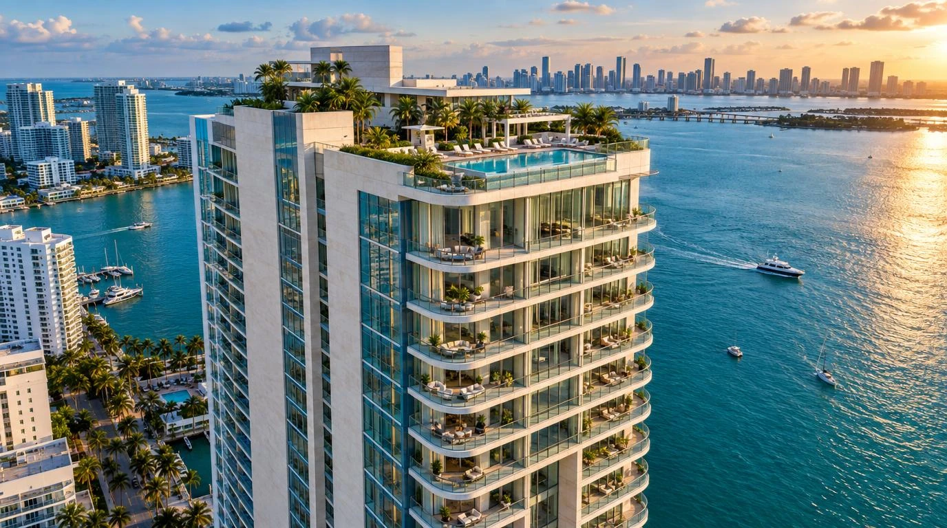 Aerial view of a waterfront residential tower with a rooftop pool, marinas and Biscayne Bay, the Miami skyline in the distance