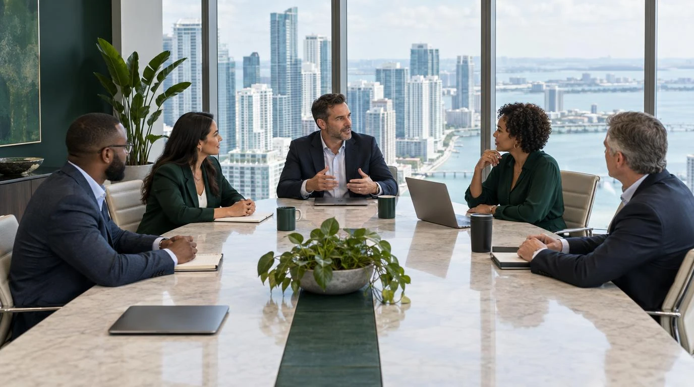 A leadership team meeting around a marble boardroom table in a high-rise office overlooking the Miami skyline and bay