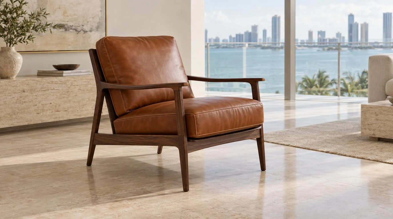 A walnut-framed lounge chair with cognac leather cushions on a travertine floor, a bright living room with Biscayne Bay and the Miami skyline beyond