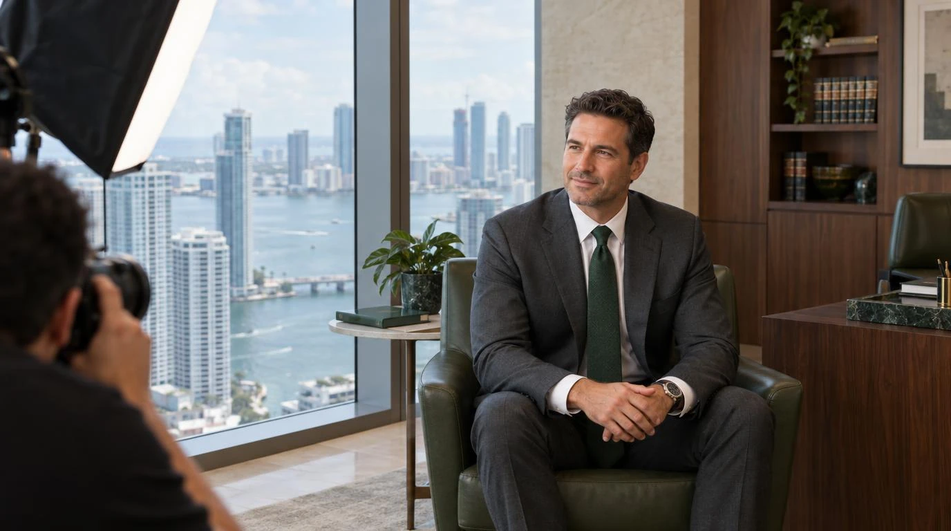 An attorney in a charcoal suit seated in a leather chair in a high-rise office, Biscayne Bay behind him