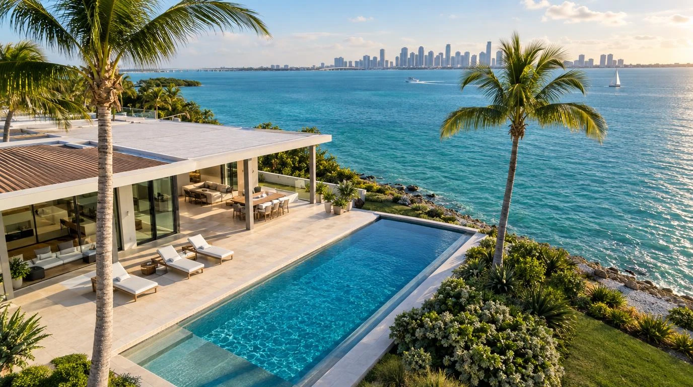 A modern waterfront villa with an infinity pool, loungers and palms beside Biscayne Bay, the Miami skyline on the horizon