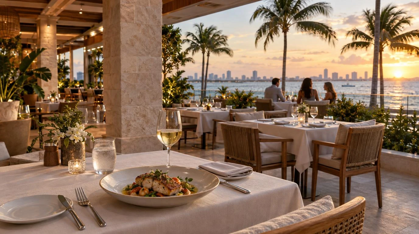A waterfront terrace restaurant at sunset: a plated fish course and a glass of white wine in the foreground, guests dining beside the bay with the Miami skyline beyond