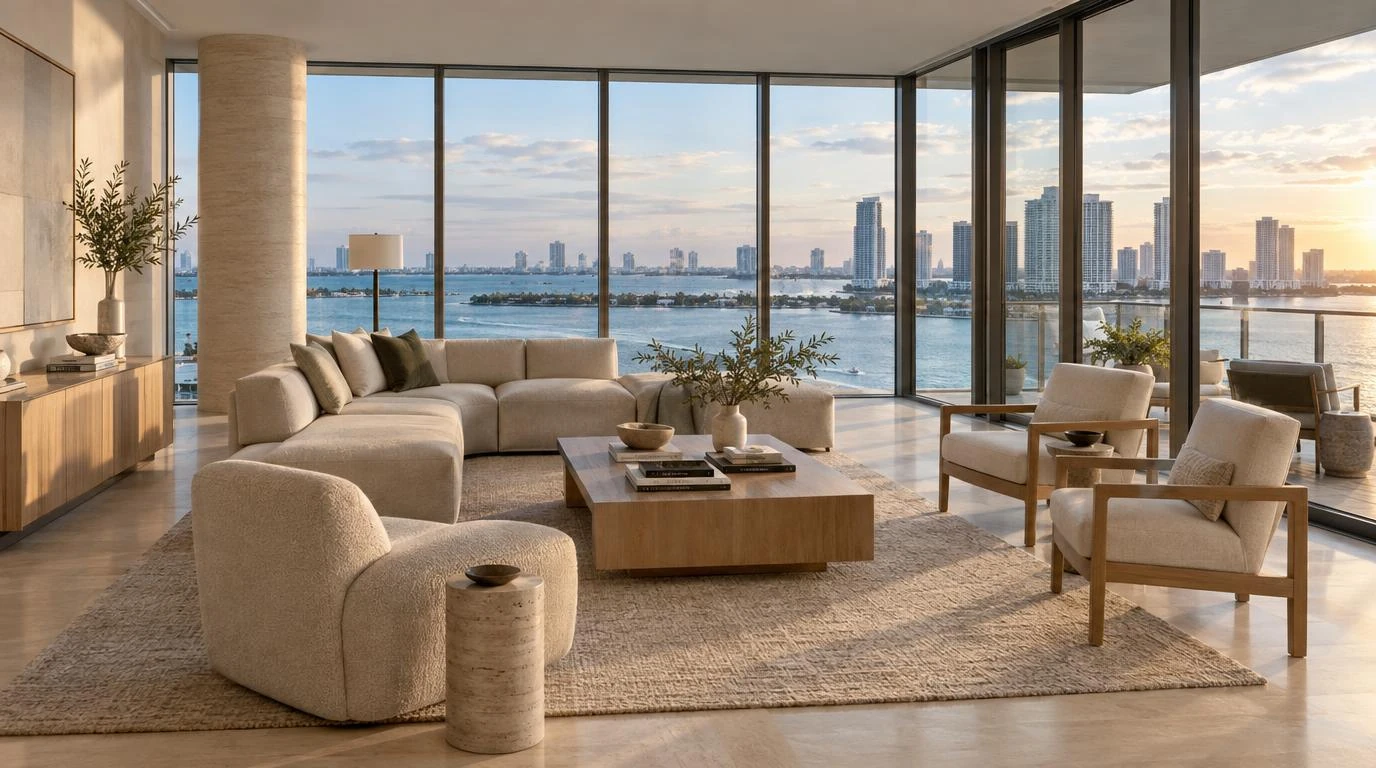 A penthouse living room with a cream sectional sofa, travertine column and floor-to-ceiling windows over Biscayne Bay